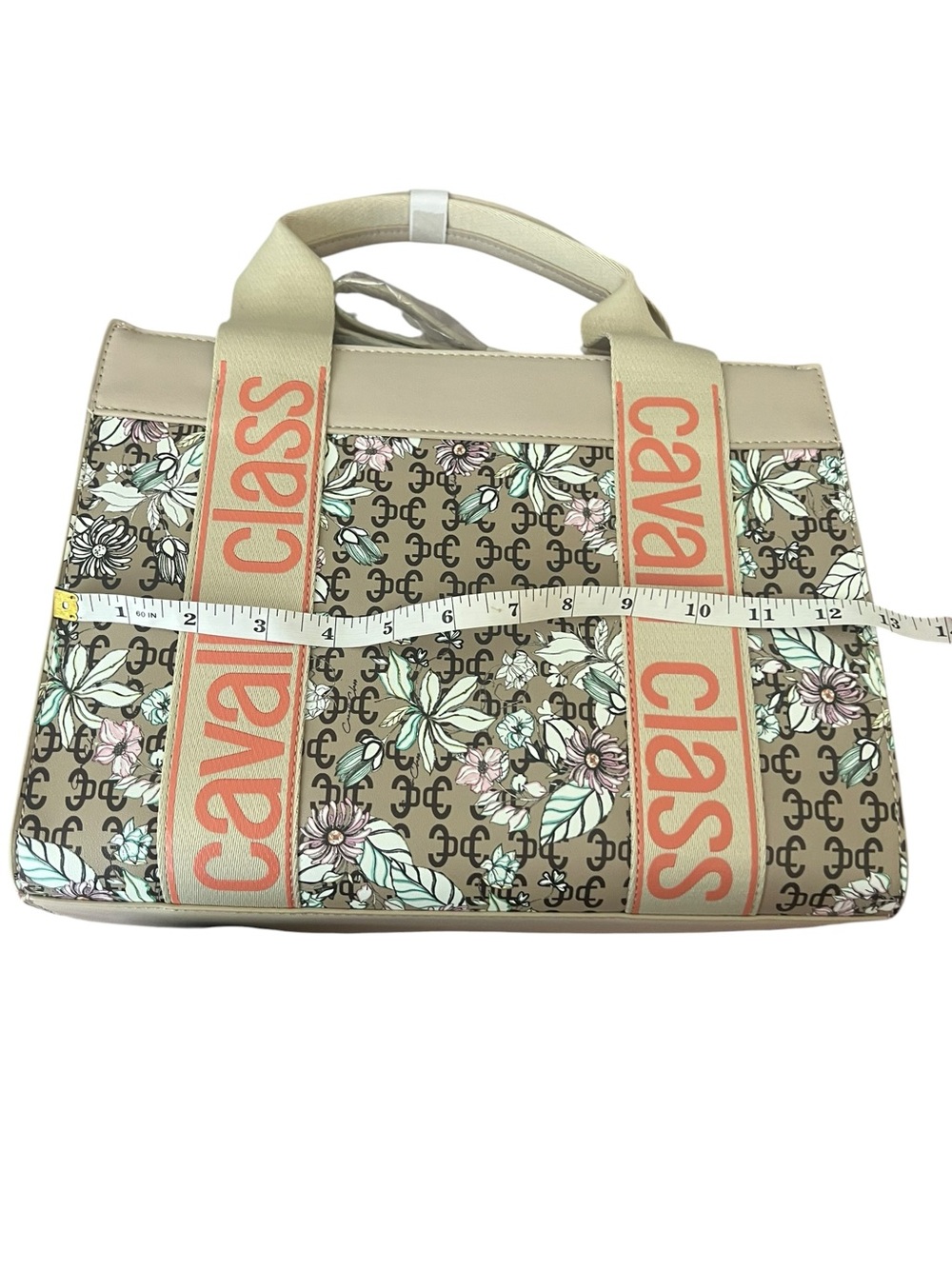 NWT Cavalli Class Serena Floral Logo Tote Bag Beige Cream - Picture 11 of 14